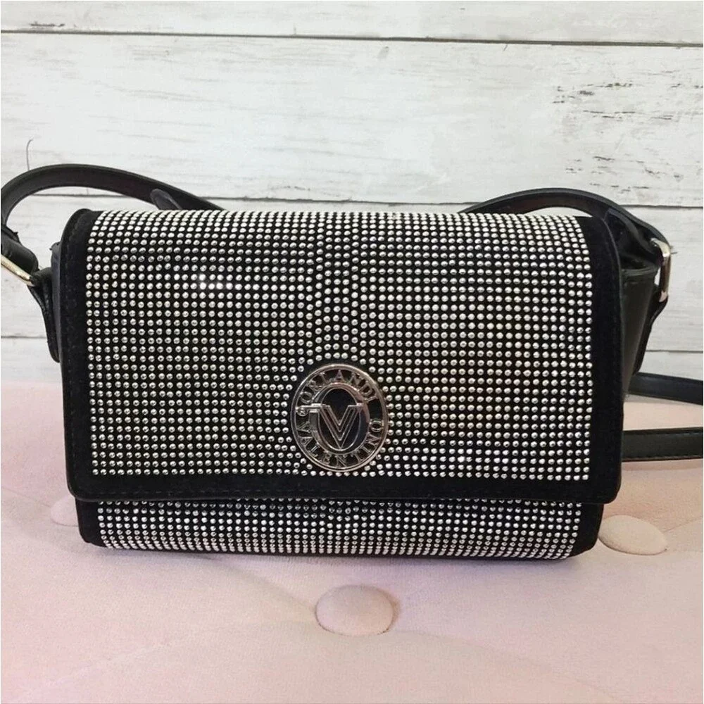 Valentino Orlandi Silver Studded Black Crossbody Bag Foldover Handbag Italy Luxe